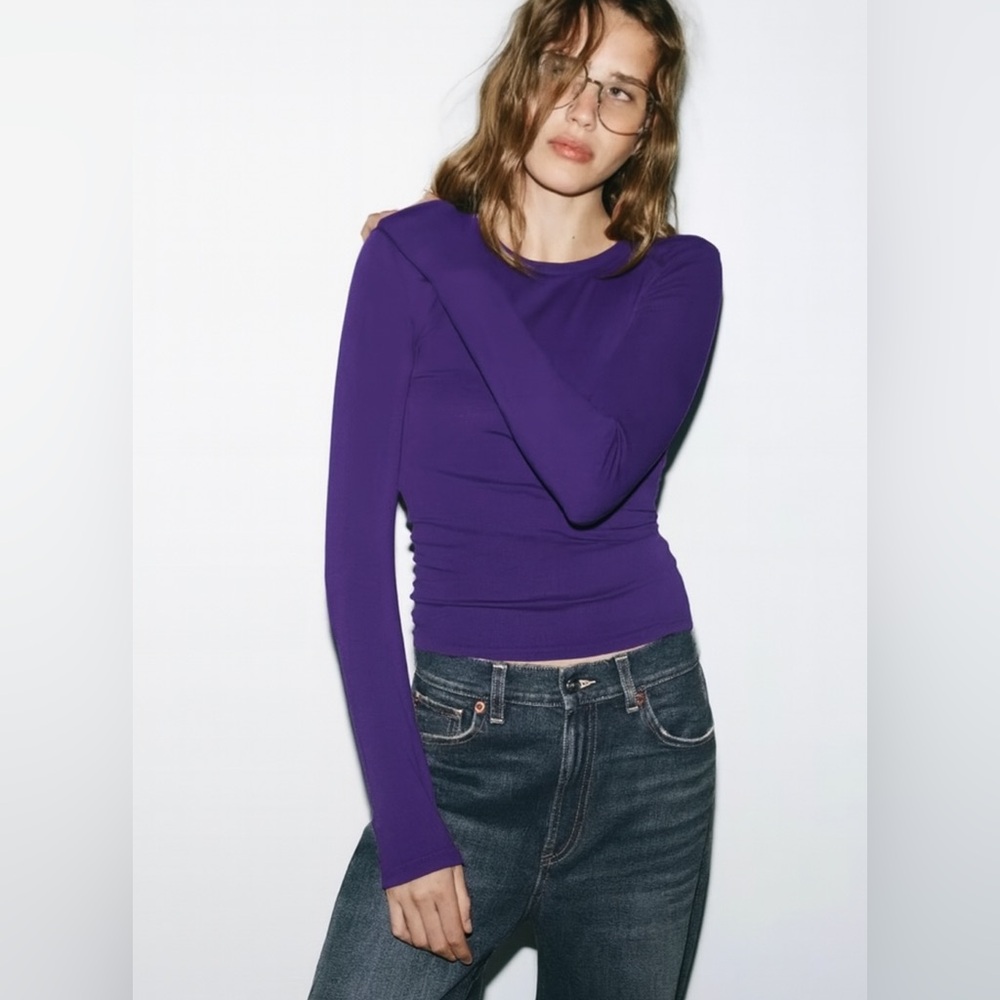 ZARA Ribbed Long Sleeve Knit Top – Purple (Size M)